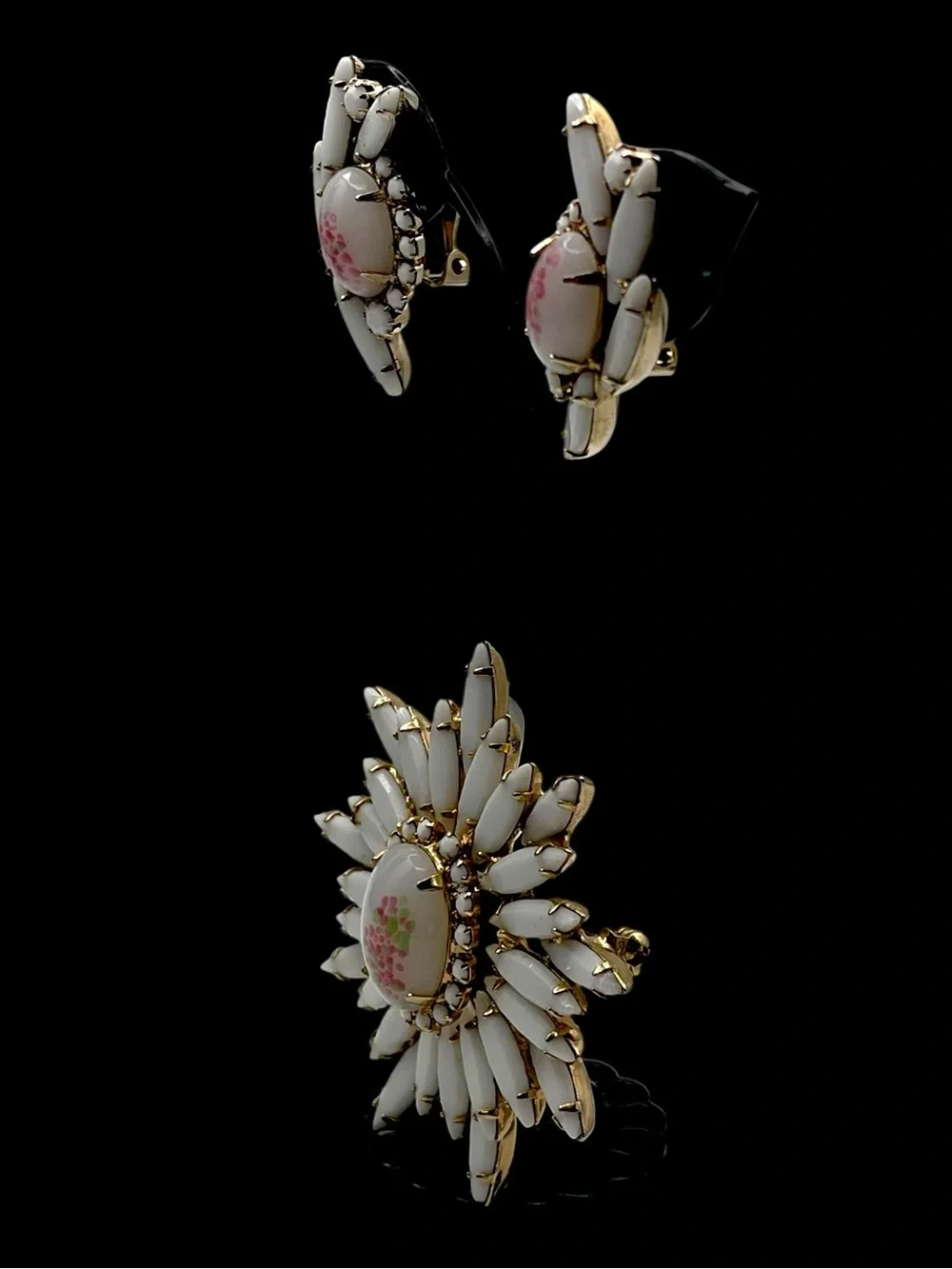 Vintage Judy Lee Milk Glass Sunburst Brooch & Clip Earrings Demi Parure Set